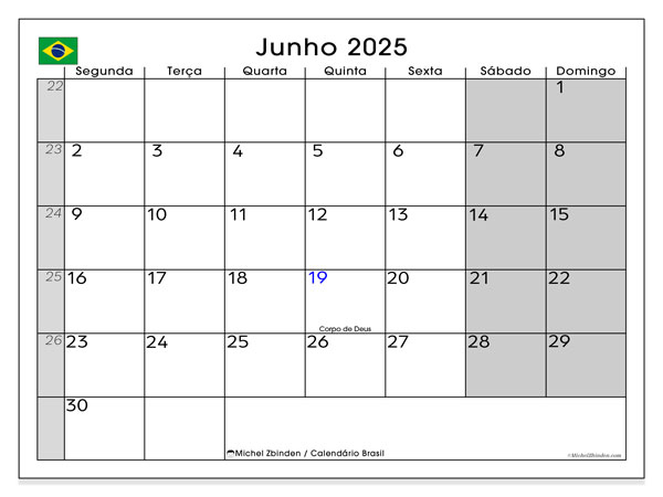 Kalender for utskrift, juni 2025, Brasil (SD)