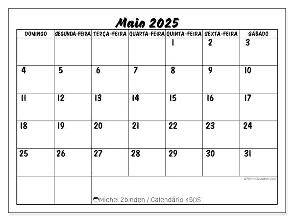 Calendário para imprimir, Maio 2025, 45DS