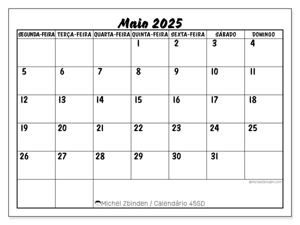 Calendário para imprimir, Maio 2025, 45SD
