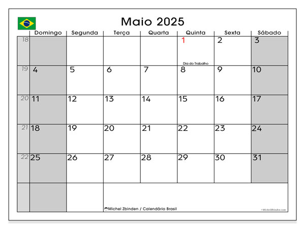 Kalender for utskrift, mai 2025, Brasil (DS)