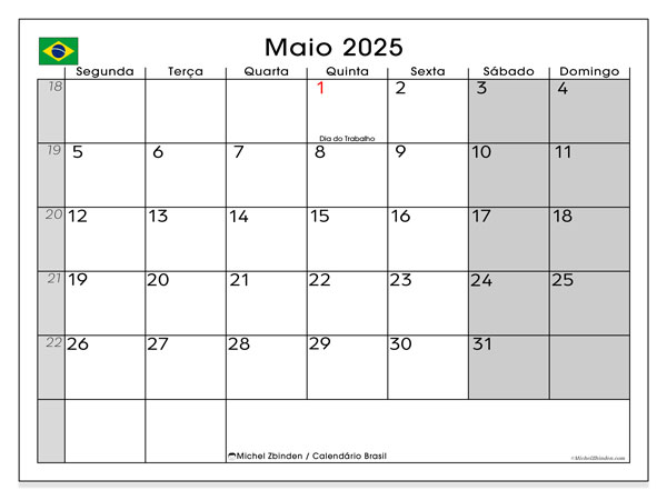 Calendrier à imprimer, mai 2025, Brazilia (SD)