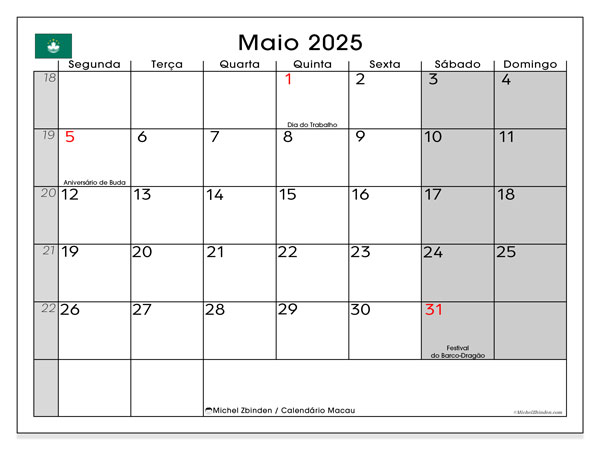Kalendarz maj 2025, Makau (PT). Darmowy terminarz do druku.