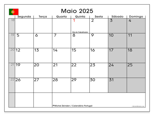 Kalender zum Ausdrucken, Mai 2025, Portugal