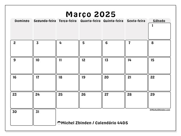 Calendário Março 2025 “44”. Programa gratuito para impressão.. Domingo a Sábado