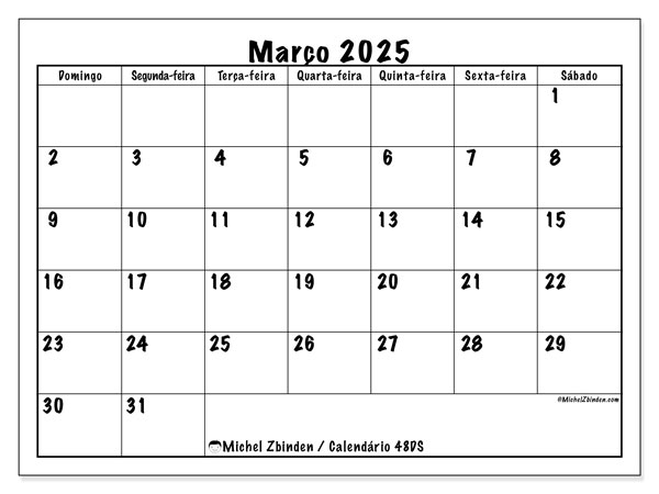 Calendário Março 2025, 48DS. Jornal gratuito para impressão.