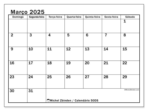 Calendário Março 2025 “50”. Calendário gratuito para imprimir.. Domingo a Sábado