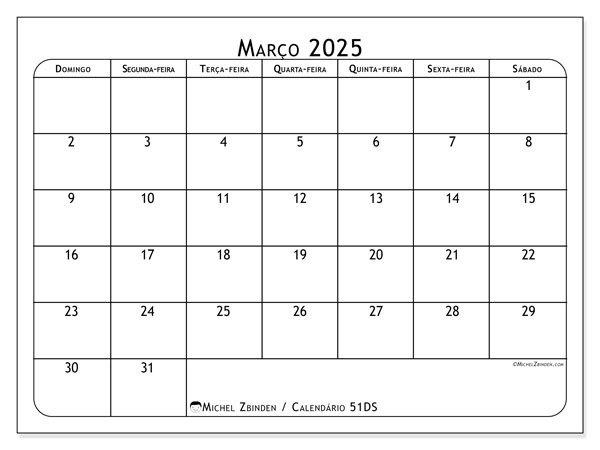 Calendário Março 2025 “51”. Calendário gratuito para imprimir.. Domingo a Sábado