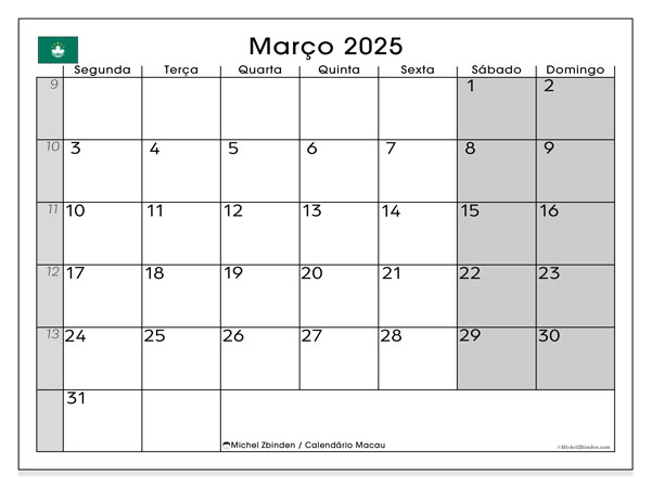 Calendário Março 2025 “Macau”. Programa gratuito para impressão.. Segunda a domingo