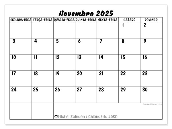 Calendário para imprimir, Novembro 2025, 45SD