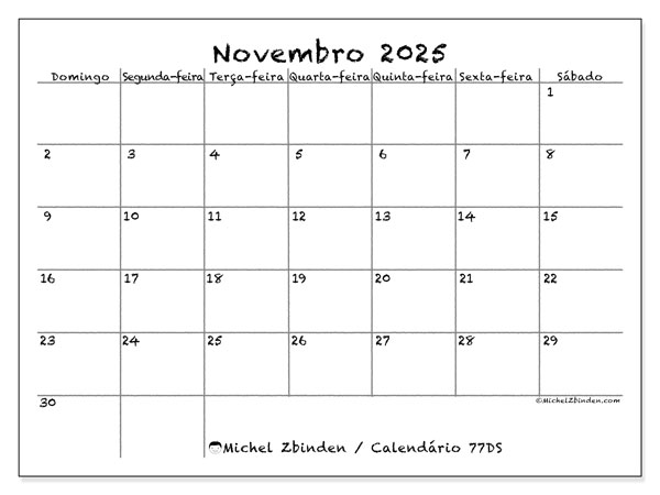 Calendário para imprimir, Novembro 2025, 77DS