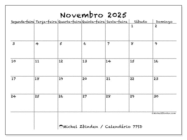 Calendário para imprimir, Novembro 2025, 77SD