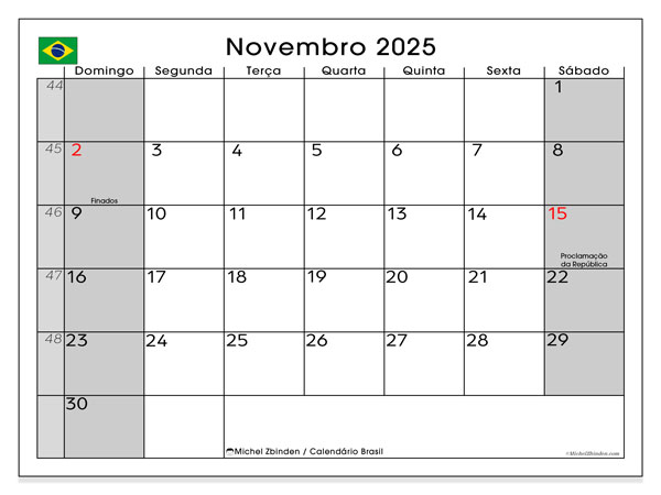 Kalendarz do druku, listopad 2025, Brazylia (DS)