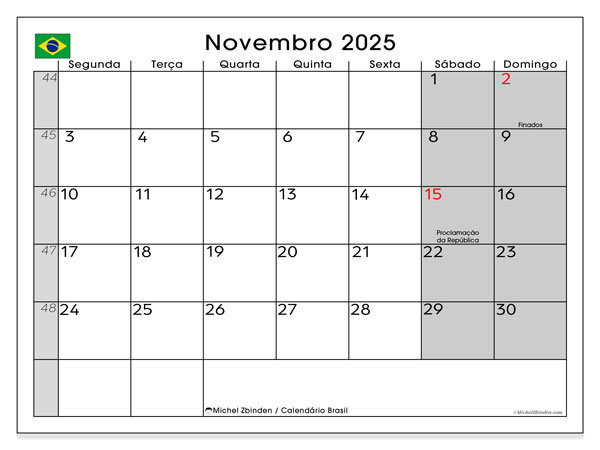 Kalendarz do druku, listopad 2025, Brazylia (SD)