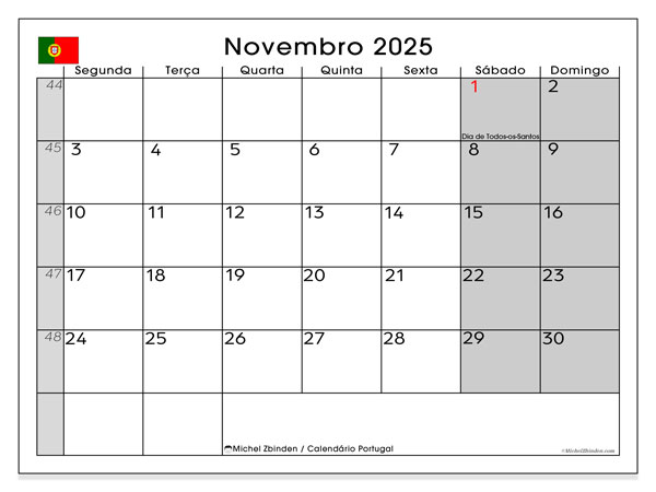 Calendário para imprimir, Novembro 2025, Portugal