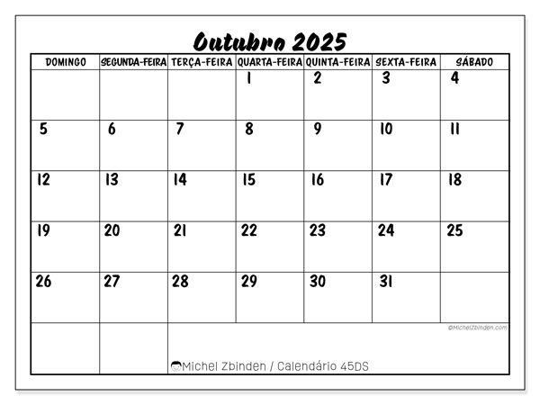 Calendário para imprimir, Outubro 2025, 45DS