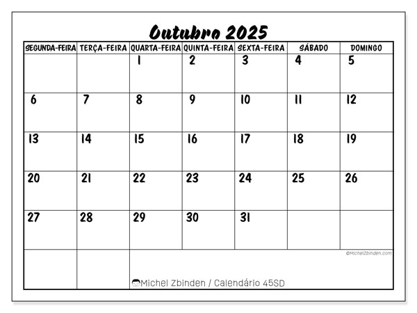 Calendário para imprimir, Outubro 2025, 45SD