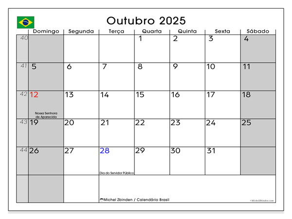 Kalender for utskrift, oktober 2025, Brasil (DS)