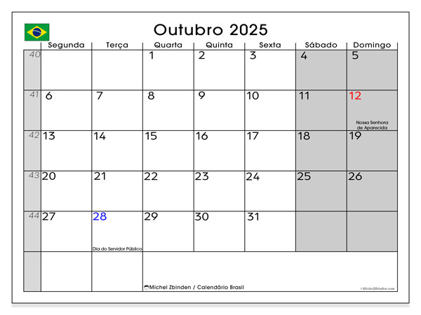 Calendario da stampare, ottobre 2025, Brasile (SD)