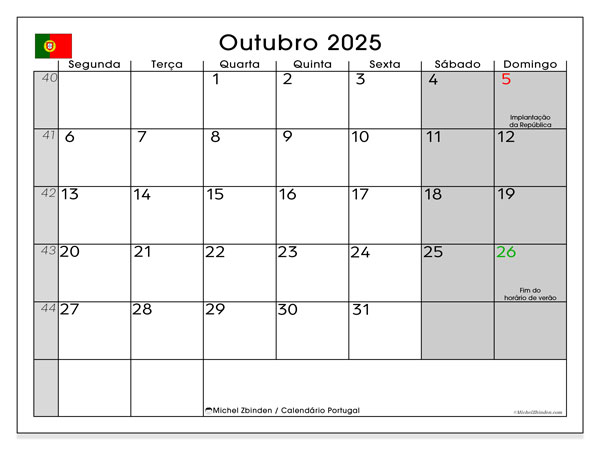 Kalender om af te drukken, oktober 2025, Portugal