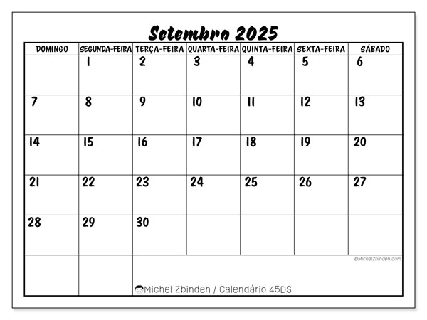 Calendário para imprimir, Setembro 2025, 45DS