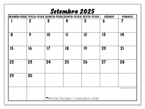 Calendário para imprimir, Setembro 2025, 45SD