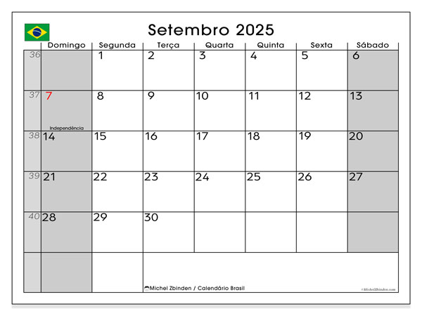 Kalendarz do druku, wrzesień 2025, Brazylia (DS)