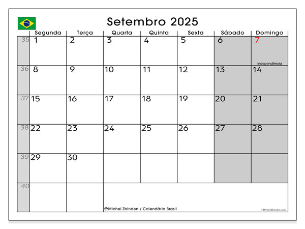 Tulostettava kalenteri, syyskuu 2025, Brasilia (SD)