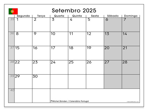 Kalendarz do druku, wrzesień 2025, Portugalia