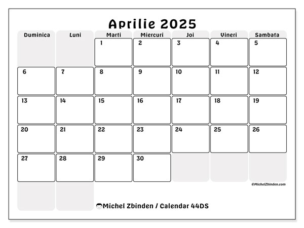 Calendar aprilie 2025, 44DS. Program imprimabil gratuit.