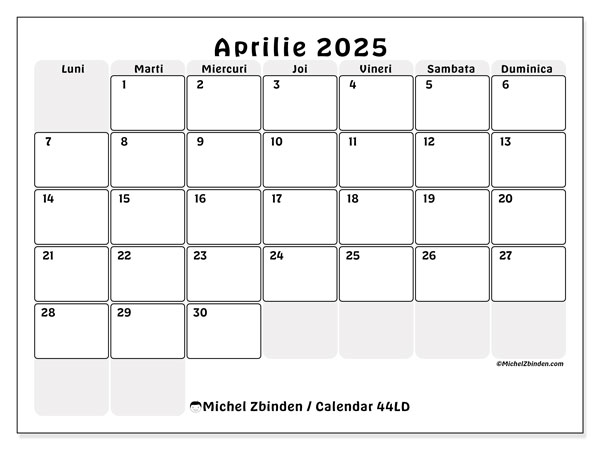 Calendar aprilie 2025 “44”. Calendar pentru imprimare gratuit.. Luni până duminică