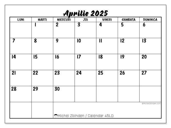 Calendrier à imprimer, aprilie 2025, 45LD