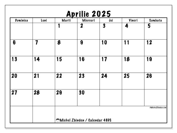 Calendrier à imprimer, aprilie 2025, 48DS