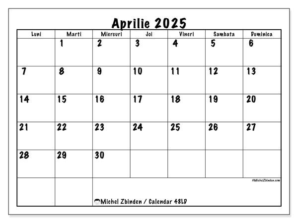 Calendrier à imprimer, aprilie 2025, 48LD