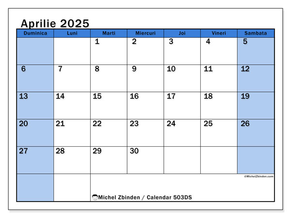 Calendar aprilie 2025 “504”. Program imprimabil gratuit.. Duminică până sâmbătă