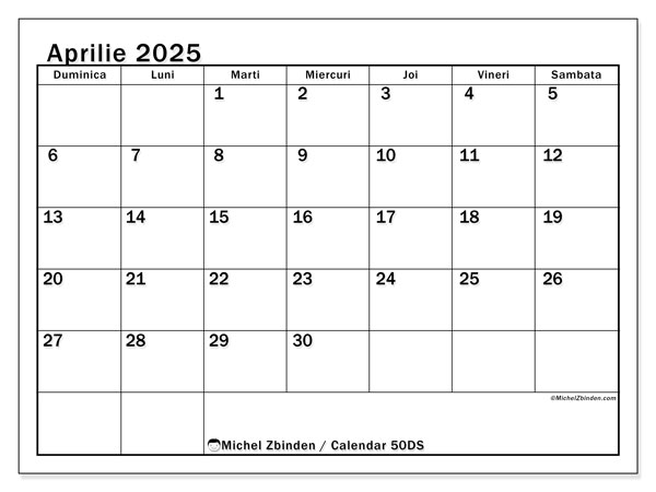 Calendar aprilie 2025 “50”. Program imprimabil gratuit.. Duminică până sâmbătă