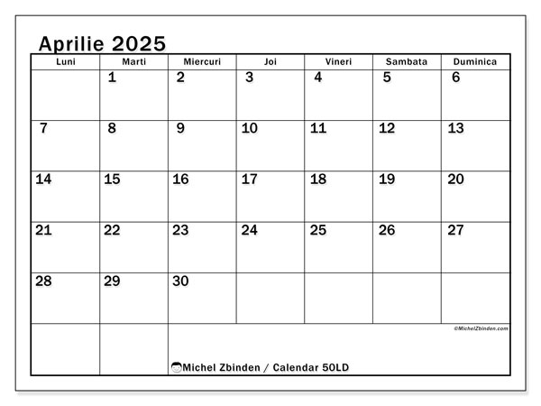 Calendar aprilie 2025 “50”. Program imprimabil gratuit.. Luni până duminică