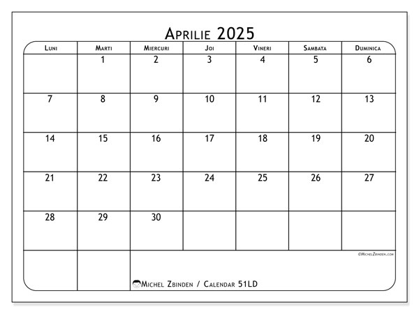 Calendrier à imprimer, aprilie 2025, 51LD