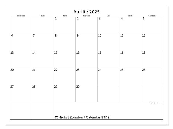 Calendar aprilie 2025 “53”. Jurnal imprimabil gratuit.. Duminică până sâmbătă