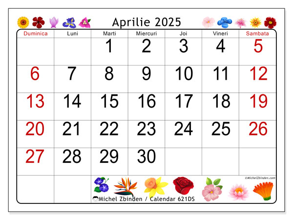 Calendar aprilie 2025 “621”. Calendar pentru imprimare gratuit.. Duminică până sâmbătă