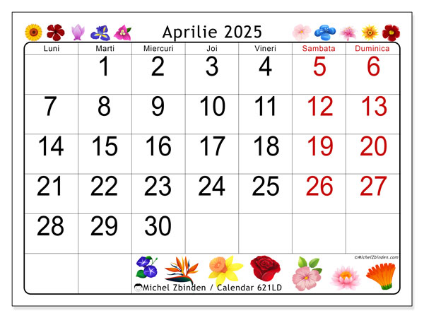Calendar aprilie 2025 “621”. Calendar pentru imprimare gratuit.. Luni până duminică