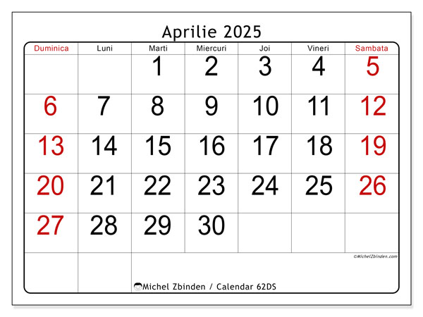 Calendrier à imprimer, aprilie 2025, 62DS