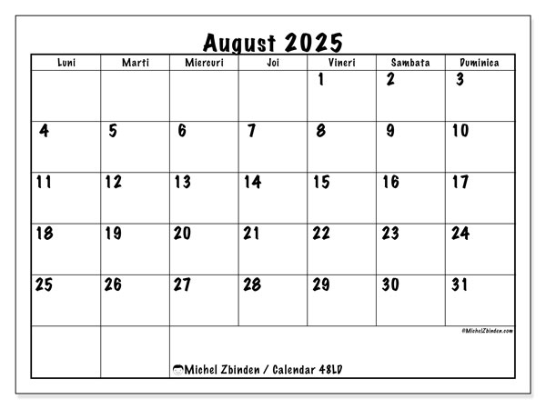 Calendrier à imprimer, august 2025, 48LD