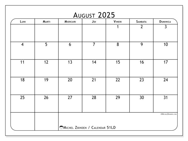 Calendrier à imprimer, august 2025, 51LD