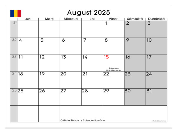 Kalender for utskrift, august 2025, Romania