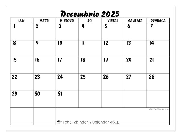 Calendrier à imprimer, decembrie 2025, 45LD