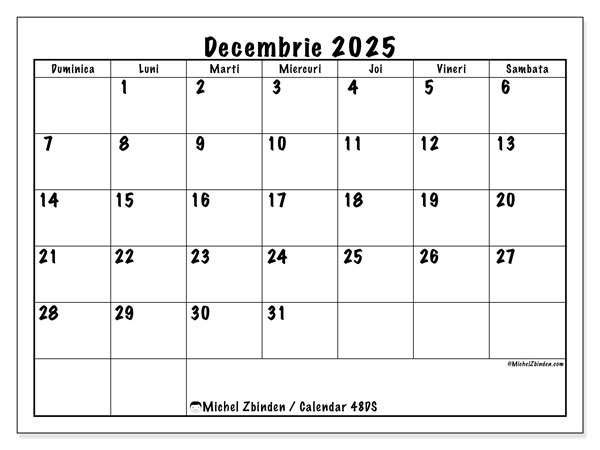 Calendrier à imprimer, decembrie 2025, 48DS