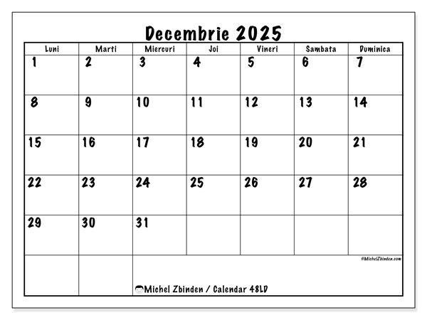 Calendrier à imprimer, decembrie 2025, 48LD