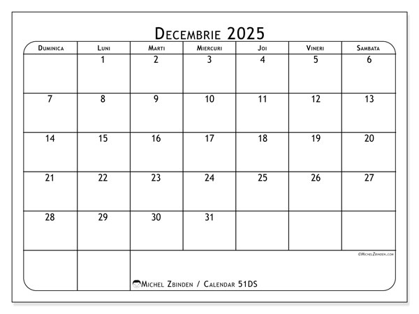 Calendrier à imprimer, decembrie 2025, 51DS