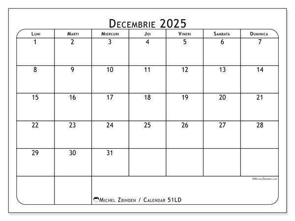Calendrier à imprimer, decembrie 2025, 51LD