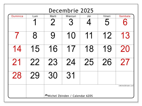 Calendrier à imprimer, decembrie 2025, 62DS